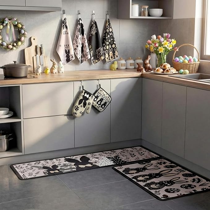 Fourluoo 10 Pcs Easter Bunny Kitchen Decor Set Easter Kitchen Towels Oven Mitts and Pot Holder Spring Eggs Flowers Rugs and Mats Black Rabbit Gloves Potholders for Farmhouse Rustic Baking Cooking BBQ