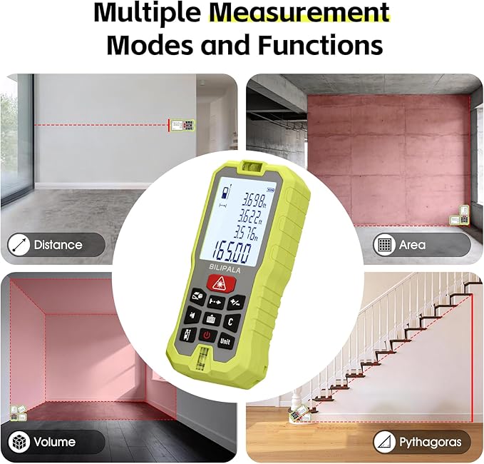 Laser Measure, 165ft Digital Laser Distance Meter with 2 Bubble Levels, 2" Backlit LCD, High Precision Laser Measuring Tool,Area Measurement,Volume and Pythagoras, Mute, Battery Included