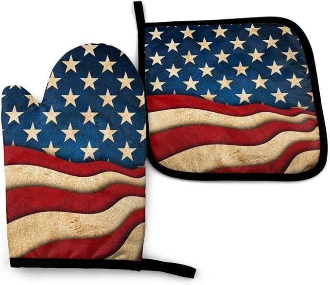 Retro American Flag Oven Mitts and Pot Holders Sets Heat Resistant Kitchen Oven Gloves Non-Slip for Safe BBQ Cooking Baking Grilling Set of 2