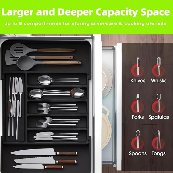 Iopsk Flatware Organizers - Kitchen Drawer Organizer for Utensils and Silverware Expandable Silverware Holder and Cutlery Tray Black Kitchen Decor and Accessories Large Storage Capacity