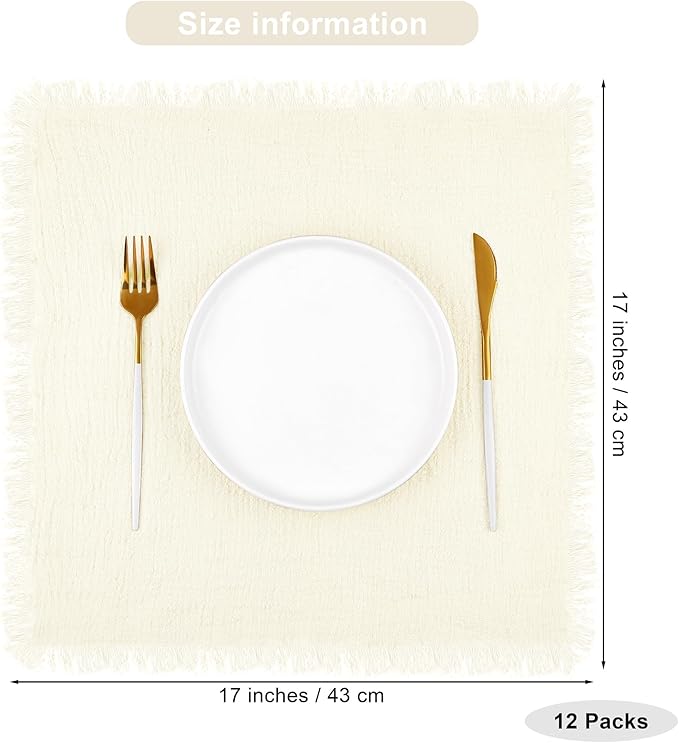 TURSTIN 12 Pieces Cotton Linen Cloth Napkin Handmade Cloth Napkin with Fringe 17 x 17 Inch Soft Dinner Wedding Napkins Square Rustic Fringe Table Napkins for Dinners, Parties, Weddings, Ivory