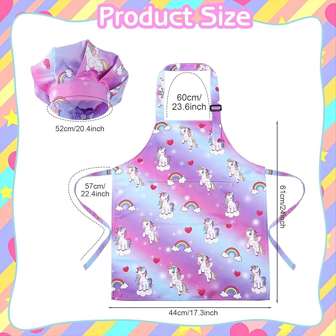2 Pack Kids Apron and Chef Hat Adjustable Kitchen Cooking Aprons with Pockets for Girls Boys Baking Painting