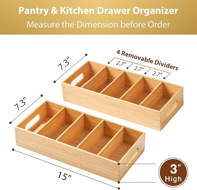 Umilife Large Bamboo Pantry Organizers and Storage Bins with Removable Dividers, Kitchen Drawer Cabinet Countertop Organization for Snack, Spice Packets, Teabags, Seasoning Pouches (2 Pack)