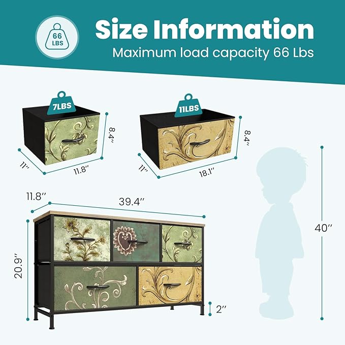 OLIXIS Dresser for Bedroom with 5 Drawers, Wide Chest of Drawers, Fabric Bedroom Dresser with Drawer Organizer, Storage Organizer Unit with Fabric Bins for Closet, Living Room, Hallway, Flower