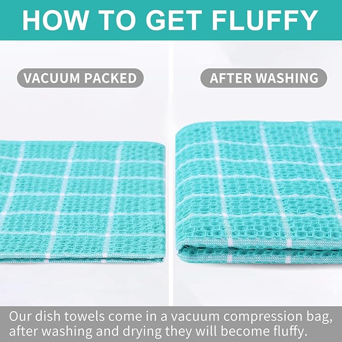 Homaxy 100% Cotton Kitchen Towels 8 Pack-15 X 25 Inches, Check Design Waffle Weave Hand Tea Towels, Super Soft and Absorbent Dish Towel for Drying Dishes, Aqua