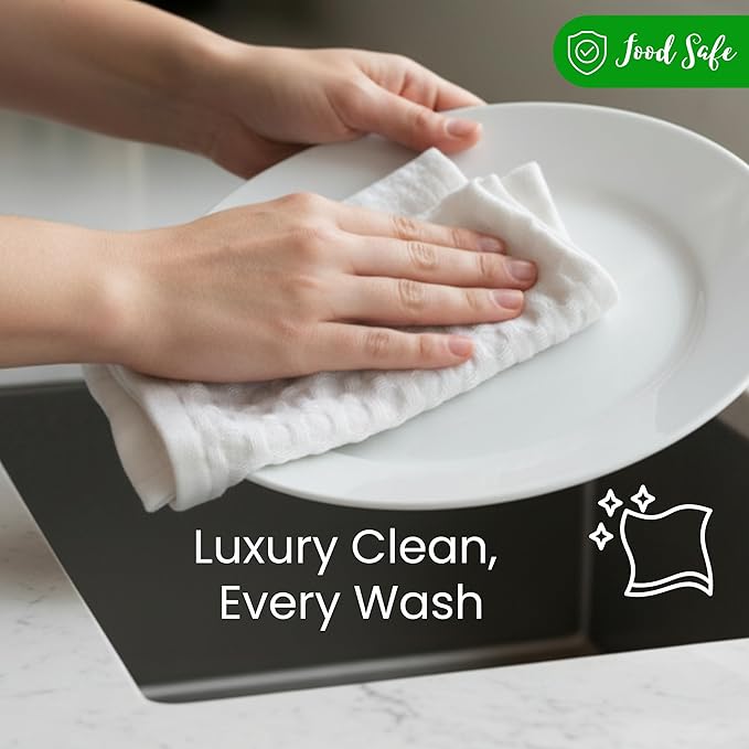 WHITEWRAP Premium Cotton Big Waffle Weave Kitchen Dish Cloths, 12x12 Inch Ultra Absorbent Lint-Free Dish Towels, Fast Drying Dishcloths for Washing Dishes, 6 Pack, White
