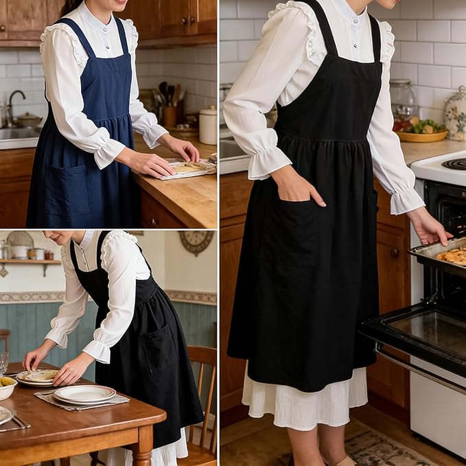 Uaussi Cotton Linen Apron Cross Back Work Apron for Women with Pockets Pinafore Dress X Cross Halter Apron for Chef Gardening