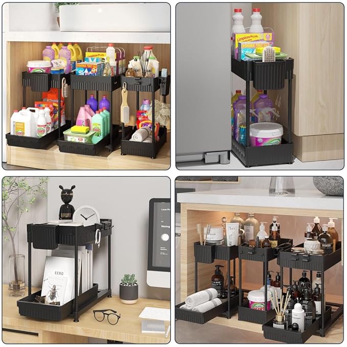 Sevenblue 3 Pack Under Sink Organizers,2-Tier Multi-Use Kitchen and Bathroom Organizers and Storage with Sliding Drawers,Bathroom Cabinet Organizer (Black,12.8 Inch)