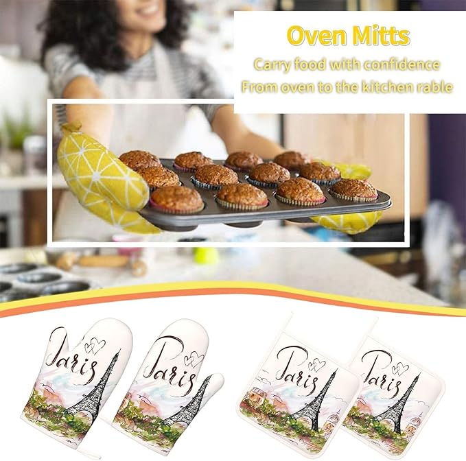 Pretty Romantic Paris Eiffel Tower Oven Mitts and Pot Holders Sets of 4, Heat Resistant Silicone Oven Mittens and Potholders Gloves Hot Pads for Kitchen Cooking Baking Grilling BBQ Chef