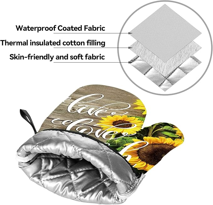 Sunflower Oven Mitts and Pot Holders 4pcs Set Wood Board Rustic Oven Mitts Summer Floral Heat-Resistant Non- Slip Oven Gloves for BBQ Baking Grilling Kitchen (Blessed)