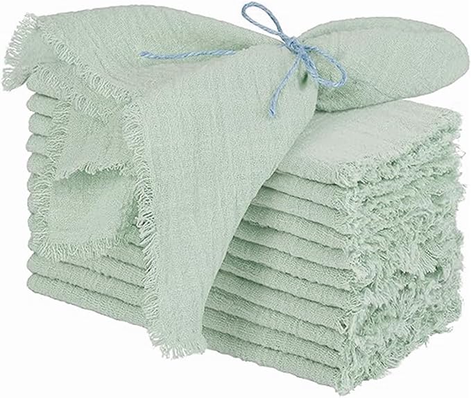 Cotton Blend Fringe Cloth Napkins - Crinkle Gauze Dinner Napkins, Reusable & Washable Table Napkins, 17" x 17" (43 x 43 cm), Multiple Colors, 12/24/48/100 Pack (12, Mint Green)