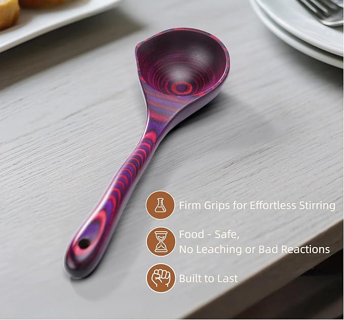 Pakkawood Deep Soup Ladles with Spout | 9.6 inch Big Soup Ladle for Cooking | Wooden Spoons for Cooking | Wood Kitchen Utensil | Byzantium