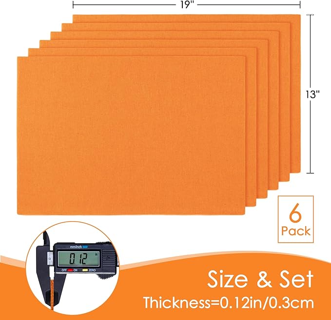 MANSPHIL Orange Cloth Placemats Set of 6 Double Layer Thick Fabric Table Mats Faux Linen Place Mats Heat Resistant Washable Wrinkle Free Dining Kitchen Table Decor, 13x19 Inch Oeko Tex Placemat