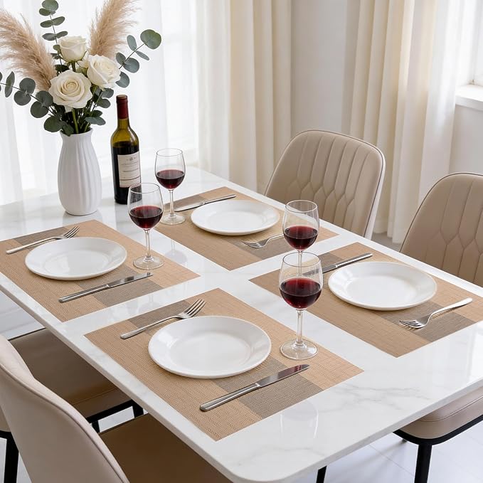 Timeet Placemats Set of 4, Heat Resistant Non-Slip Place Mats for Dining Table, Durable Washable PVC Vinyl Woven Table Mats, Resistant Kitchen Placemats Easy to Clean(Beige & Gray