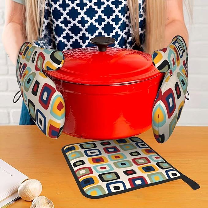 Mid Century Modern Retro Oven Mitts and Pot Holders Sets of 3 Heat Resistant Non Slip Vintage Decorative BBQ Gloves for Cooking Grilling Baking Kitchen Decor