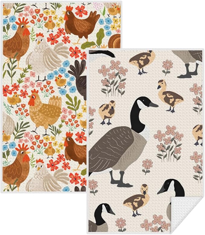 Jztco 2Pcs Farmhouse Chicken Kitchen Towels, Floral Tea Towel Decorative Reusable Dish Hand Towels Duck Lover Gifts for Cleaning Drying Women Mom Housewarming Gifts 14 x 24 Inch Kitchen Home Decor
