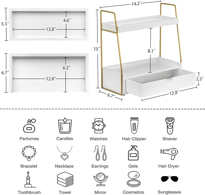 2-Tier Bathroom Organizer Countertop with Drawer, Wood Counter Organizer for Bathroom Decor, Sink Shelf for Vanity Storage, Makeup Tray for Perfume Skincare, Spice Rack Bedroom Kitchen Corner