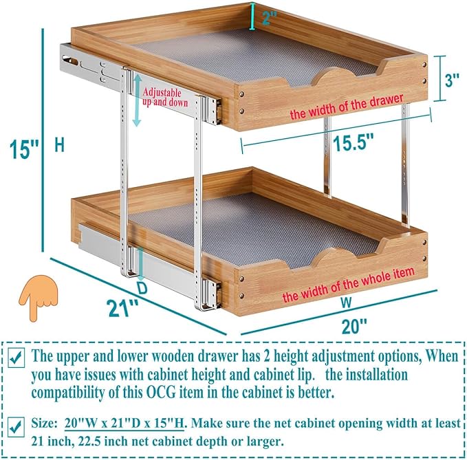 OCG 2 Tier Pull Out Cabinet Organizer (20"W x 21"D), Heavy-Duty Slide out Wood Drawer Shelf, Pull Out Drawer for Cabinets, Base Cabinet Organization for Kitchen, Pantry, Bathroom