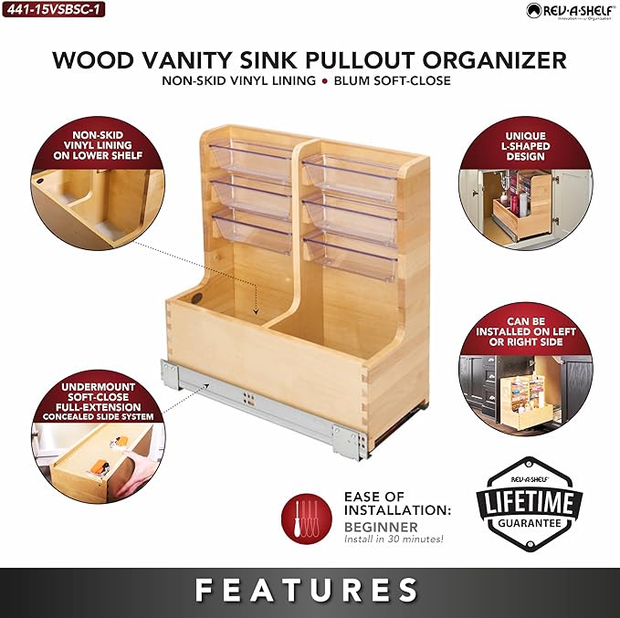 Rev-A-Shelf 30" Wood Vanity Sink Pull Out Organizer Cabinet Storage with Soft-Close for Kitchen or Bathroom, Maple Wood, 441-15VSBSC-1