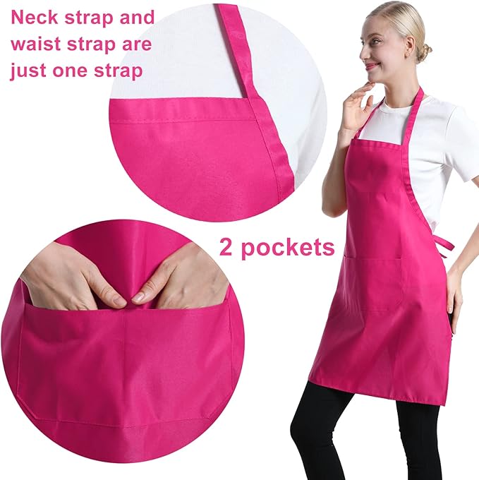Pink Plain Bib Aprons Bulk for Women Men Adult with 2 Front Pockets (Hot Pink,15pcs), 60x70cm