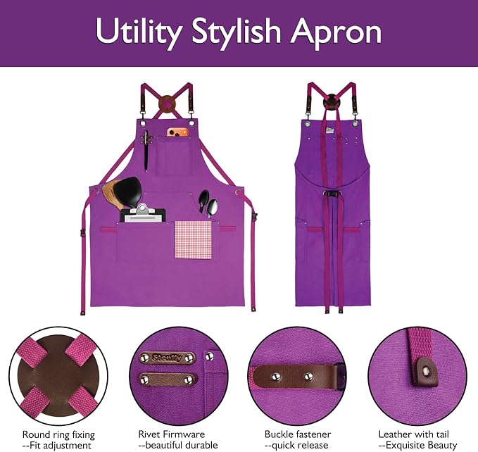 Kitchen Apron, Work Apron, Canvas, Multiple Pockets, Gardening, Painting, BBQ, Artist, Carpenter, Sizes M to XXL, Purple