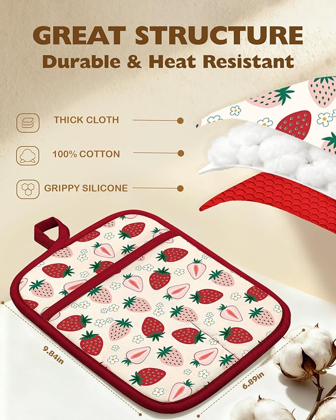Slohif Silcone Strawberry Pot Holders for Kitchen - 100% Cotton Red Cute Oven Potholders with Pockets, Heat Resistant Square Thick Hot Pads, House New Home Baking Baker Gifts,2pack