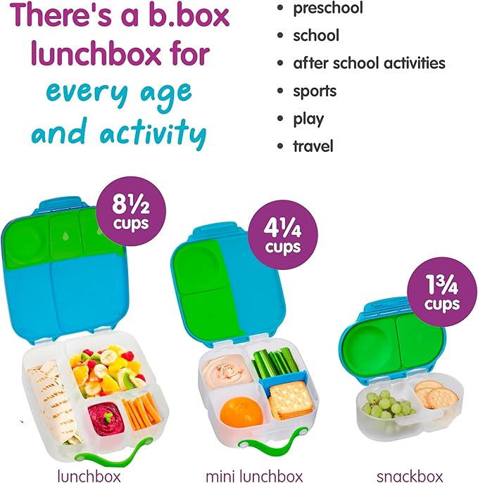 b.box Snack Box 2 Pack - Leak Proof Mini Bento Box for Kids & Toddlers, 2 Compartment Snack Containers for Kids, Dishwasher Safe, BPA Free, PFAS Free, Ages 4m+, 1 3/4 Cup Each (Ocean Blue + Slate)