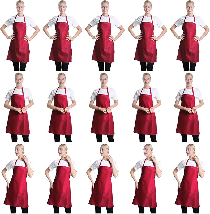 Total 15 PCS Deep Red Plain Deep Red Bib Apron for Women Men Adult with 2 Front Pockets-Painting Baking Cooking Kitchen Apron for Women Girls-(Wine,15pcs)