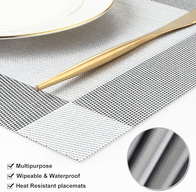 DACHUI Placemats Set of 6, Linen Look Woven Place Mats, Water Resistant, Heat Resistant, Washable, Durable Table Mats (Silver Grey)