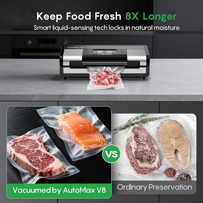 FRESKO Automatic Vacuum Sealer for Food, Hands-Free Operation, Seal 50 Bags in 20 min – Ideal for Meal Prep & Bulk Food Storage, Powerful Suction, Built-in Cutter & 2 Roll Bags