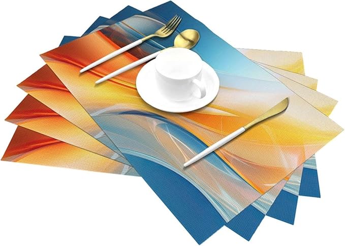 Blue and Orange Abstract Fluid Linen Placemats Set of 4, Non-Slip Heat-Resistant Modern Boho Burnt Orange Yellow and Blue Kitchen Table Mats for Dining Table, Kitchen, Coffee Shop, Modern Home Decor