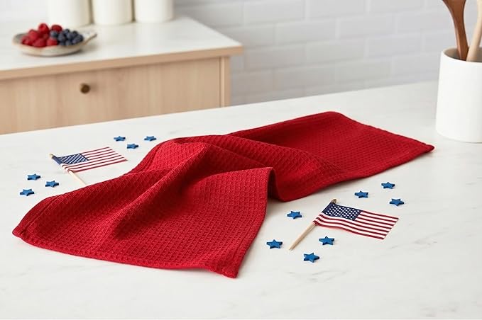 PurpleEssences 4th of July Waffle Weave Kitchen Towel, 100% Cotton - 15x25 Inches with Hanging Loop, Ultra Soft Absorbent Quick Drying Dish Cloth, Tea and Hand Towels, 6 Pack - Summer - Red Blue White