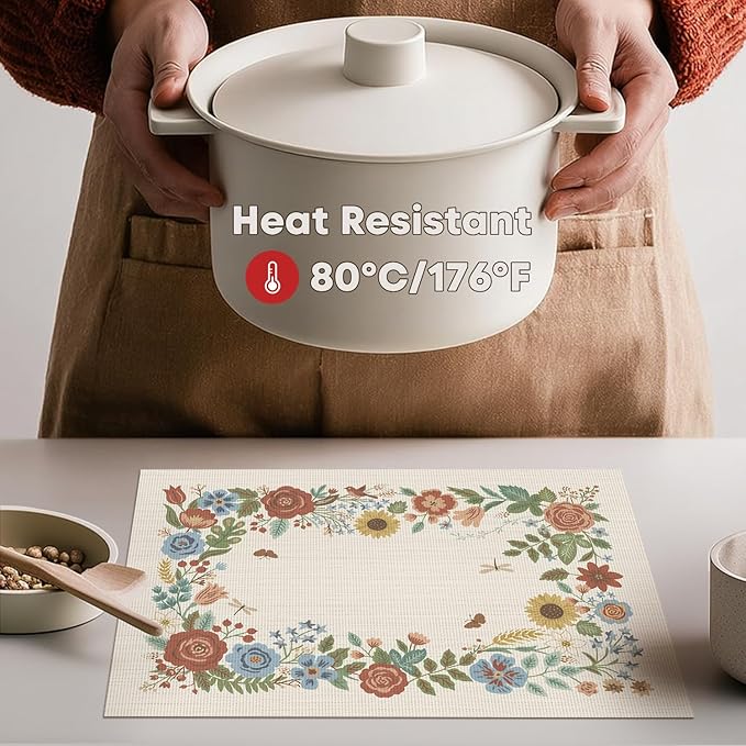 Artoid Mode Beige Florals Butterfly Spring Vinyl Placemats Set of 4, Washable Non-Slip Plastic Table Mats for Vintage Holiday Party Kitchen Dining Decor