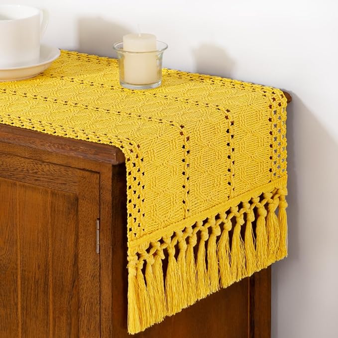 DeZerlor Boho Macrame Table Runner Spring Easter Farmhouse Woven Table Runner with Tassels 108 Inches Gold Yellow Cotton Linen Kitchen Table Decor for Dining Dresser Home Tea Table Decor
