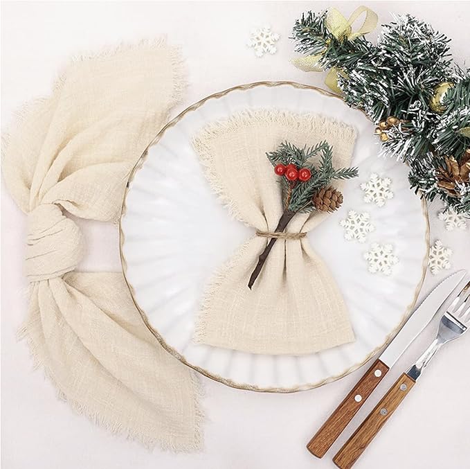 Cotton Blend Fringe Cloth Napkins - Crinkle Gauze Dinner Napkins, Reusable & Washable Table Napkins, 17" x 17" (43 x 43 cm), Multiple Colors, 12/24/48/100 Pack (12, Beige)