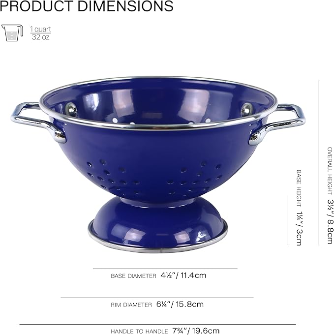 Reston Lloyd, 1 Quart Powder Coated Steel Kitchen Strainer Basket for draining Pasta, Vegetable and Fruit, Chrome Handles and Wide Stable Base, Indigo