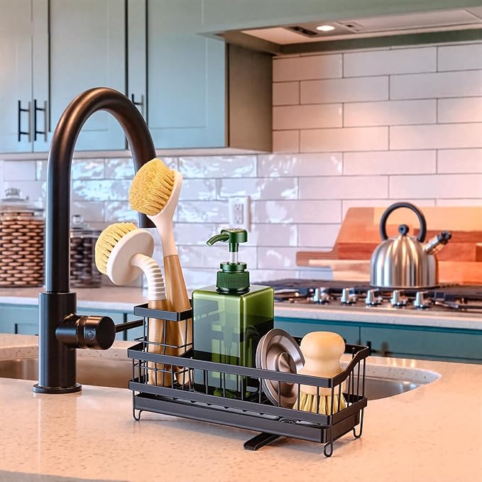 Sink Caddy with 360° Rotating Self Draining, Countertop Sponge Holder, Sink Side Organizer for Bottle Brushes, Sink Accessories for Kitchen, Bathroom - Black