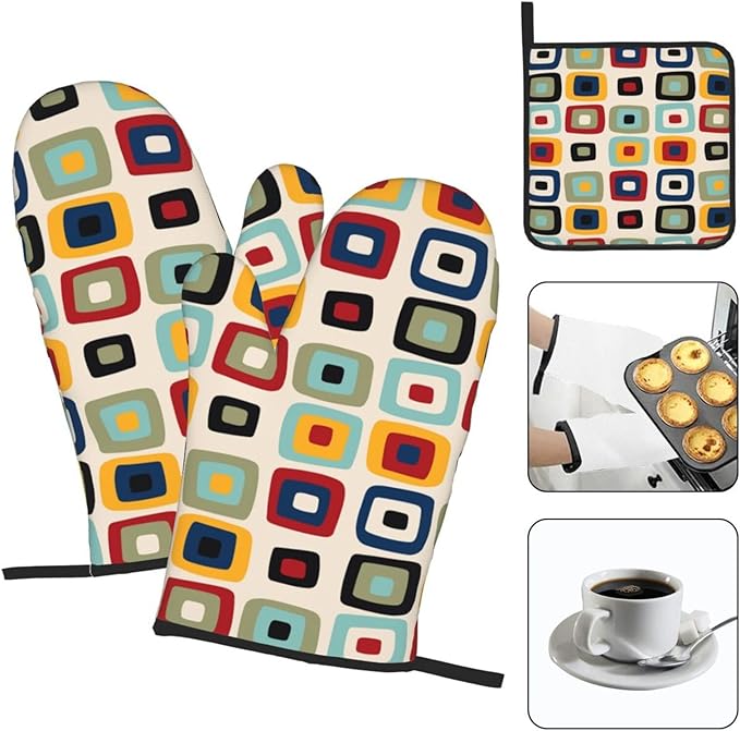 Mid Century Modern Retro Oven Mitts and Pot Holders Sets of 3 Heat Resistant Non Slip Vintage Decorative BBQ Gloves for Cooking Grilling Baking Kitchen Decor