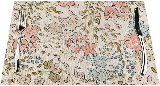 Pink Green Floral Placemats 12x18 Inch Set of 4, Cute Flower Pattern Table Place Mat Wildflowers Watercolor Washable Table Mats Decorative Linen Fabric Table Mat for Dining Table