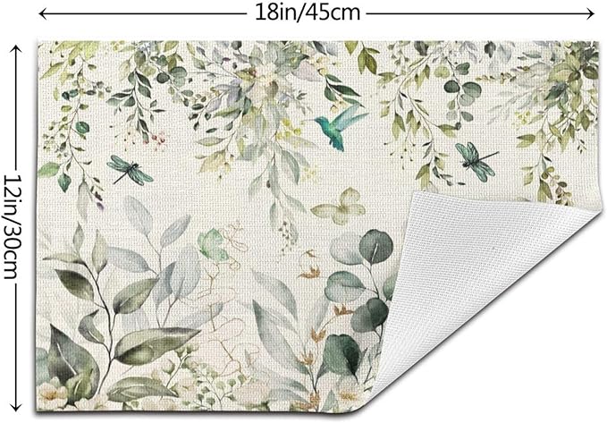 Spring Place mats Set of 4,12x18 Inches Green Floral Bird Eucalyptus Leaf Decorative Summer Decor Leaf Placemats Rectangle Spring Table Mats for Party Home Kitchen Dining Table Decoration