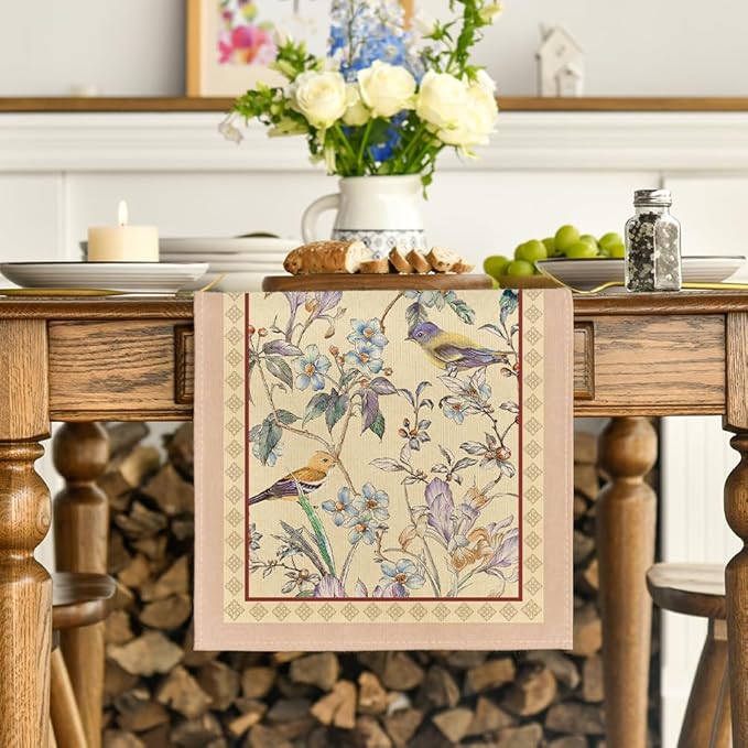 Artoid Mode Beige Birds Floral Blossom Table Runner, Seasonal Flowers Spring Kitchen Dining Table Decoration for Home Party Decor 13x72 Inch