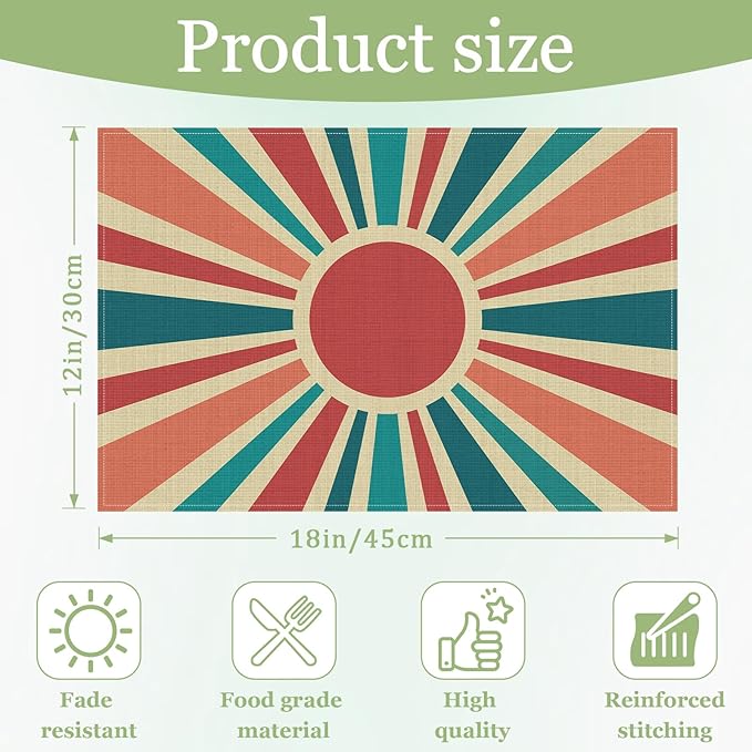 Boho Sun Placemats Set of 6, Washable Heat Resistant Table Mat Linen Place Mats for Party Kitchen Dining Home Decor 12x18 Inch