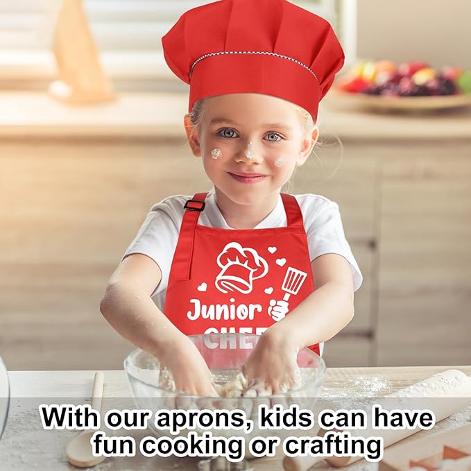 Kids Apron and Chef Hat Set, Funny Apron with 2 Pockets, Adjustable Kids Aprons for Cooking for Boys and Girls