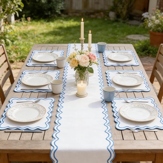Set of 6 Cotton Linen Placemats, 13''x 19'' Wavy Embroidery Scalloped Placemats Washable Rustic Dinner Waterproof Table Mats (Blue)