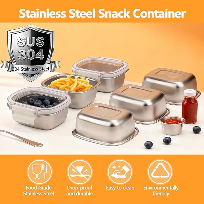 3 Pack Stainless Steel Reusable Snack Containers with Lids - 8.45 oz Small Metal Snack & Lunch Food Boxes, Shatterproof Leakproof Freezer Safe Meal Prep Containers for Portioning Snacks, Dips