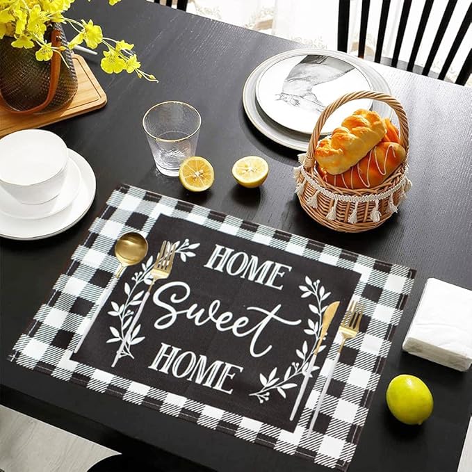 Buffalo Plaid Placemats Set of 4, Cloth Farmhouse Black White Linen Place Mats - Washable Heat Resistant Waterproof Table Mats for Ktichen Dining Table 18 X 12 Inch, Plaid