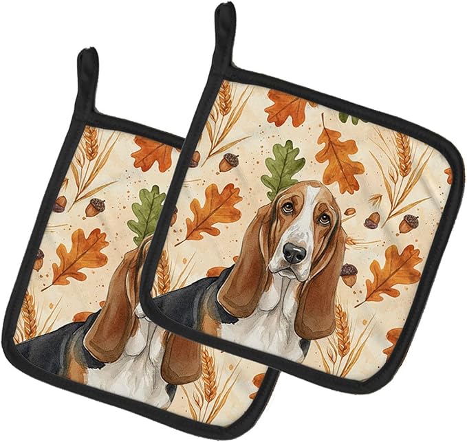 Caroline's Treasures Tricolor and White Basset Hound Heirloom Fall Pair of Pot Holders Pair 7.5x7.5 Quilted Insulated Hot Pads Decorative Kitchen Gift Made in USA