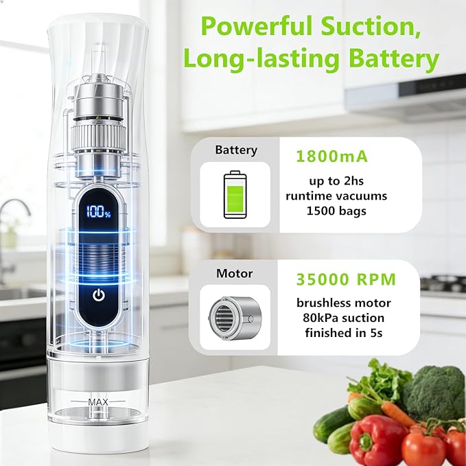 Compact Vacuum Sealer for Food Storage: Portable Handheld Food Sealer, 80kPa Suction, 1800mAh Battery, 30 Reusable Vacuum Bags, Preserve 5X Freshness with Easy Operation