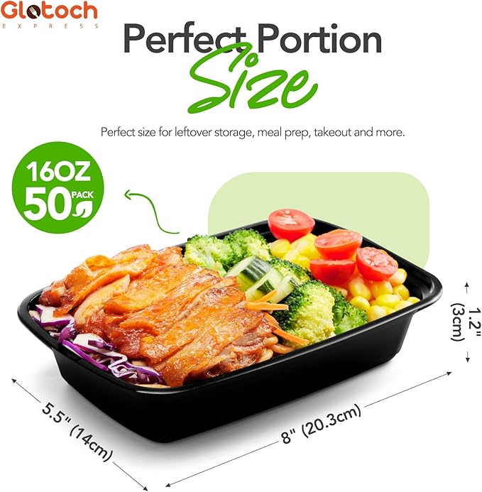 Glotoch 16oz Meal Prep Containers with Lids 50-Pack, Airtight Leakproof Food Storage Containers Reusable, BPA-Free Plastic Containers - Stackable Bento Lunch Boxes