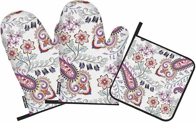Ethnic Flowers Oven Mitts and Pot Holders Sets Leaves Purple Pastel Heat Resistant 3pcs for Cooking Baking BBQ